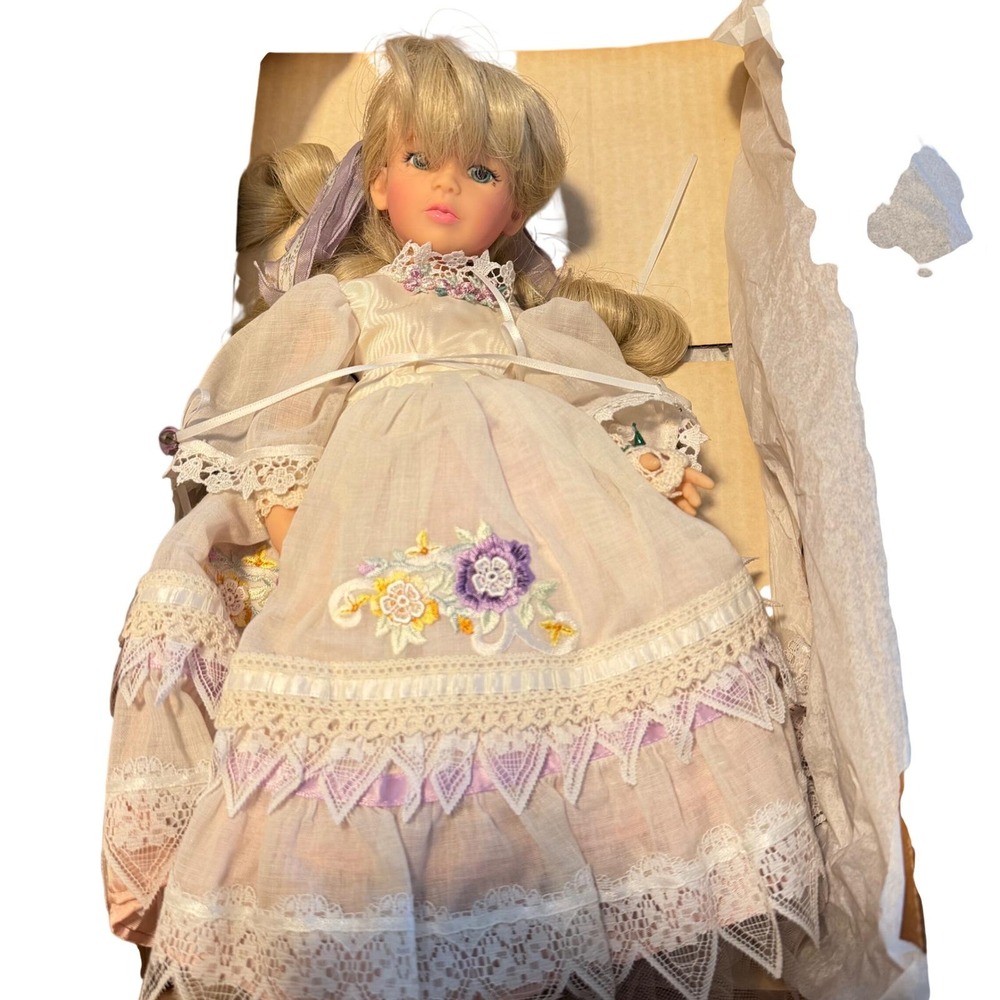 Vintage Heirloom Doll Blonde Blue Eyes 14" Victorian Lace Dress Collectible